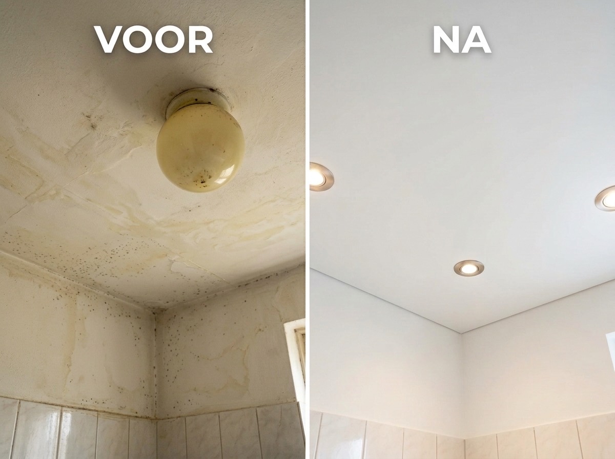 Wit spanplafond met inbouwspots boven naadloze wandpanelen in een badkamer