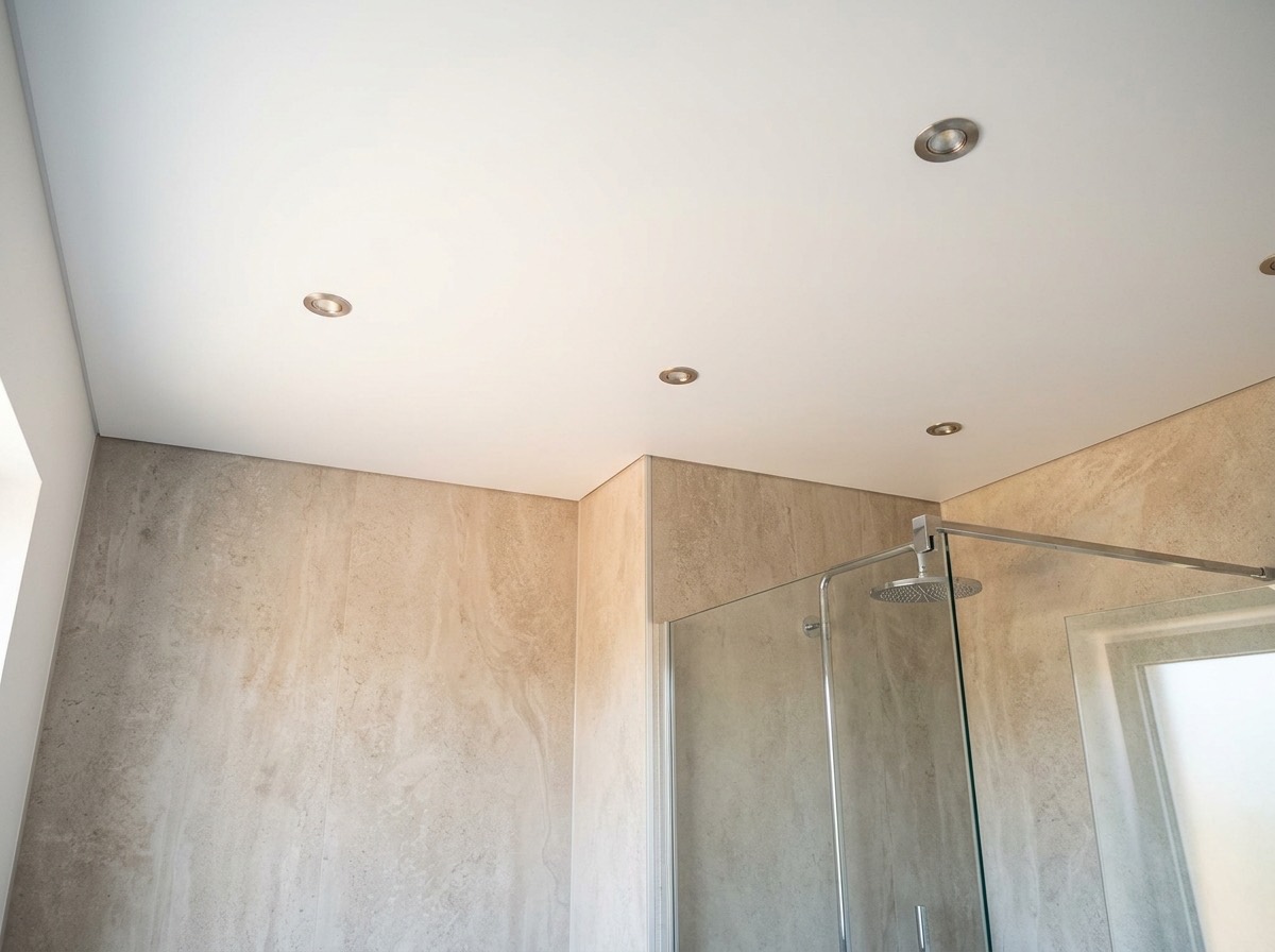 Voor en na: plafond met vochtplekken en schimmel naast een nieuw wit spanplafond