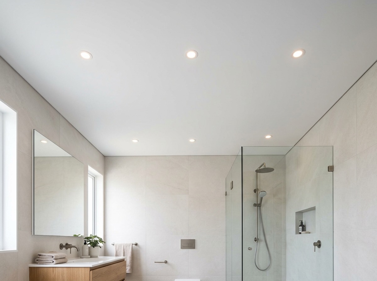 Mat wit spanplafond met inbouwspots in een lichte badkamer