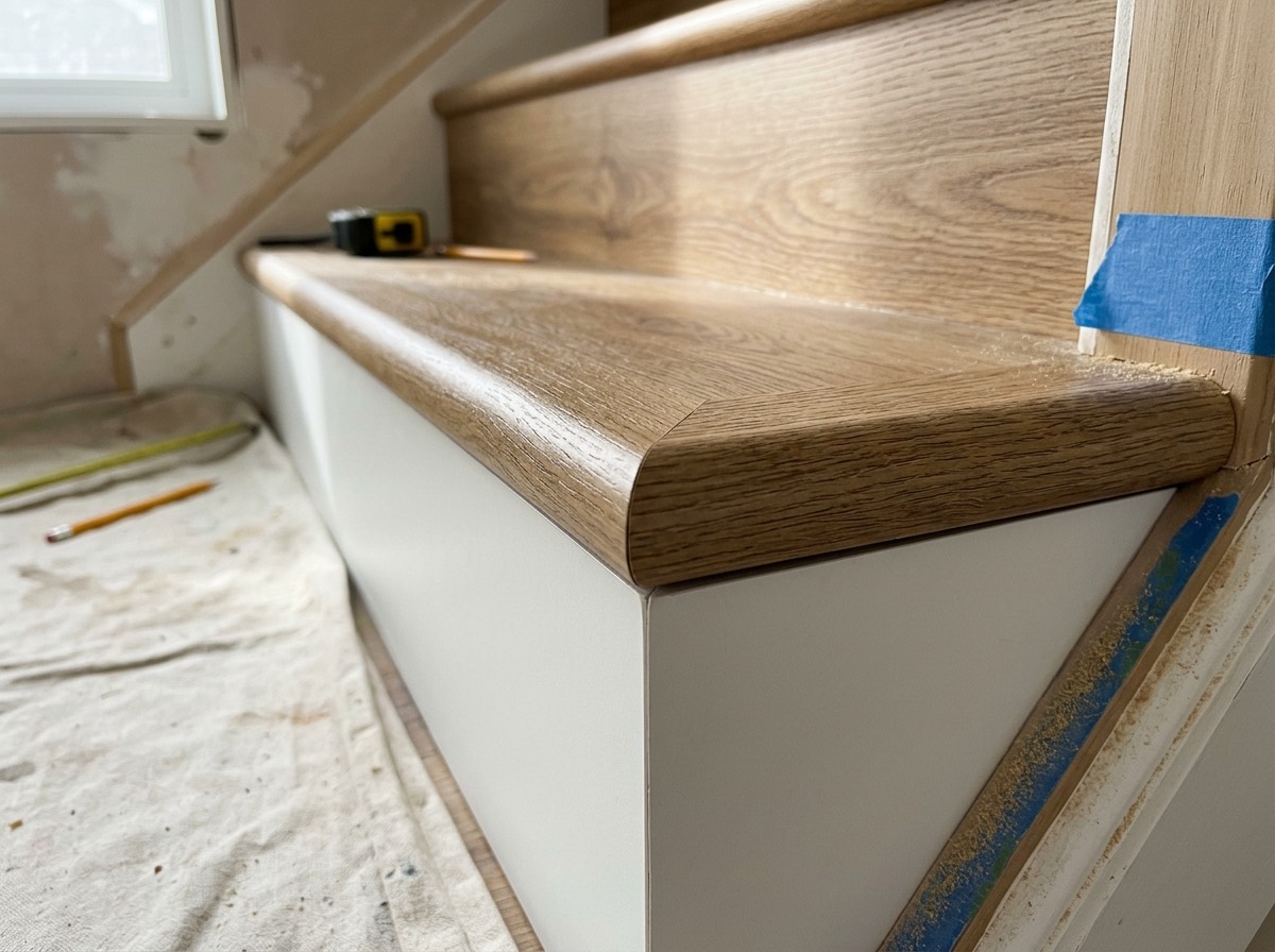 Trede van een traprenovatie met eikenlook bekleding tijdens de montage