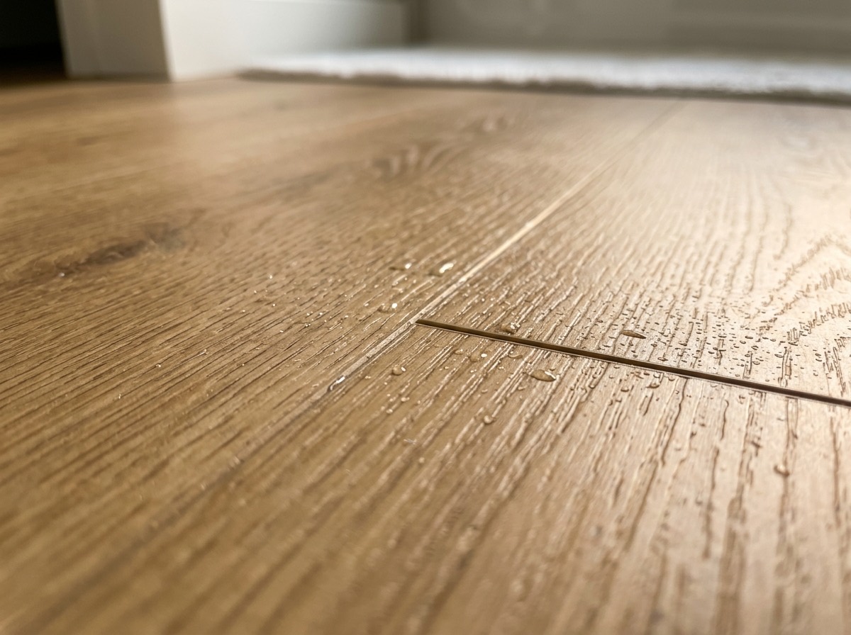Detail van een houtlook PVC-vloer met waterdruppels op het oppervlak