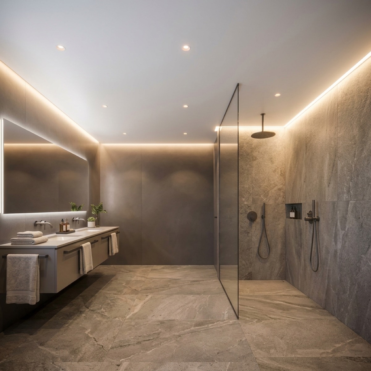 Badkamer met spanplafond en LED-verlichting langs de wanden
